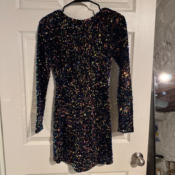 Blue Multi Color Sequin Long Sleeve Dress - Picture 2 of 7